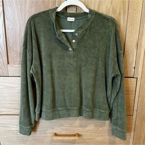 Donni Terry Cloth Henley Long Sleeve Top Olive Green Size Large Lounge Casual